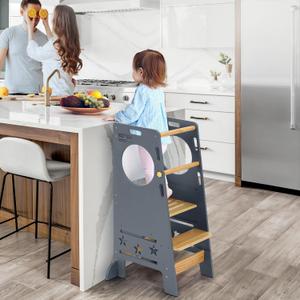 Toddler Tower, Step Stool, 3 Platform Adjustable Height Toddler Kitchen Stool, Kids Standing Tower with Safety Rail & Nonslip Feet (Cricle)