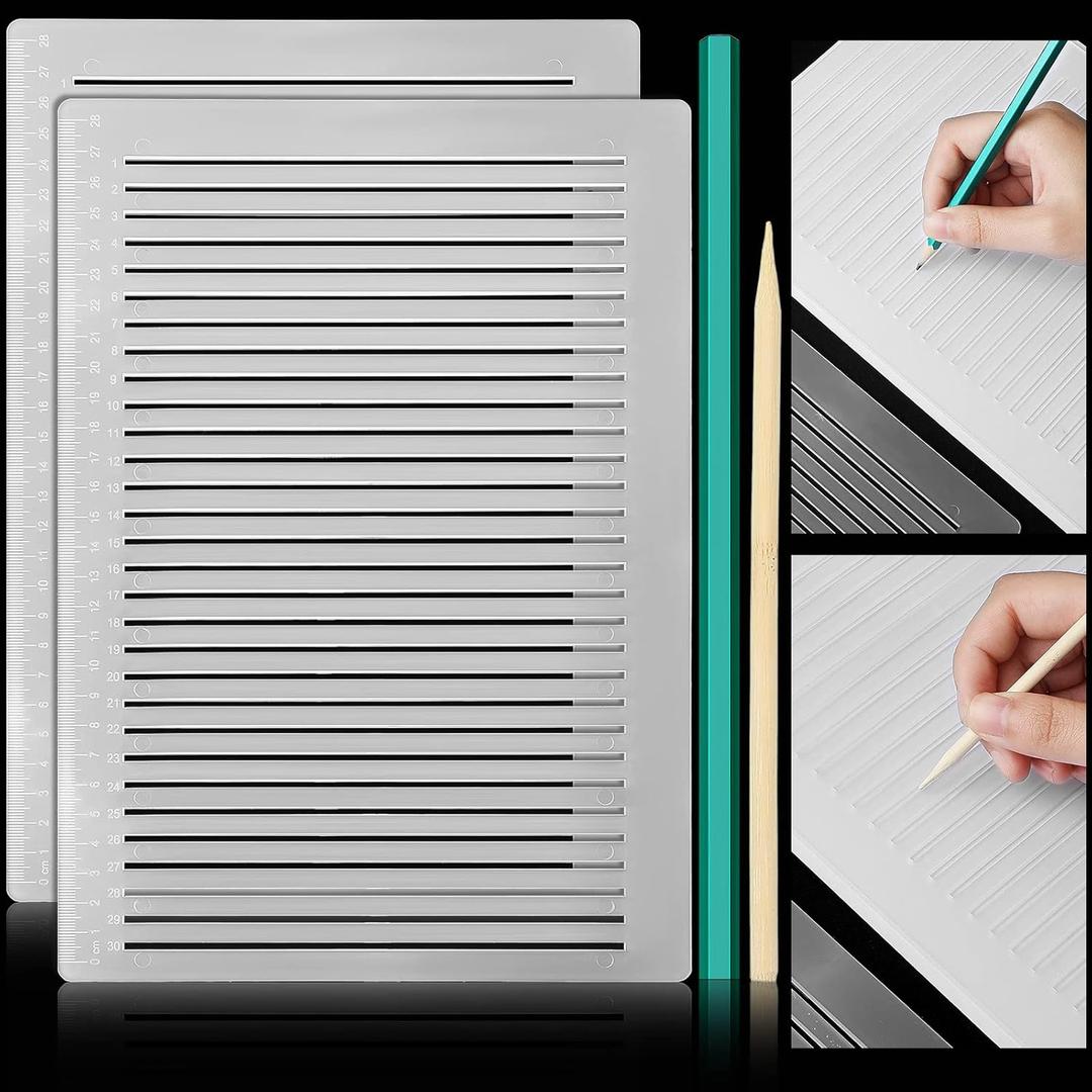 Fainne 2Pack Plastic Straight Line Stencil Template for Journaling Spacing Line Lettering Guide 11 Inch Scale Writing Ruler Envelope Addressing Template with Bamboo Stick and 2B Pencil for Paper(9mm)