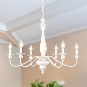 6-Light French Country Chandelier 28" Farmhouse Dining Room Light Fixture, Antique Wood Distressed White Chandelier, Rustic Hanging Ceiling Lighting Fixtures for Foyer Living Room Bedroom Entryway
