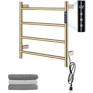 TRJIKAG Heated Towel Racks,4 Bars Towel Warmer Rack for Bathroom, Wall Mounted Electric Towel Warmer with Timer, Plug-in/Hardwired Towel Dryer Rack Gold