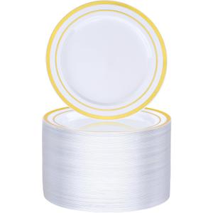 BESTVIP 100PCS Gold Plastic Plate, 7 Inch Disposable Dessert Plate Party with Gold Rim, Heavy Duty Disposable Plastic Plates for Party, Wedding and Birthday