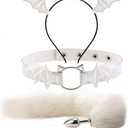 Animal Cosplay Costume Furry Fox Tail Plug Cute Ears Headband Bat Style Neck Collar Set (White)