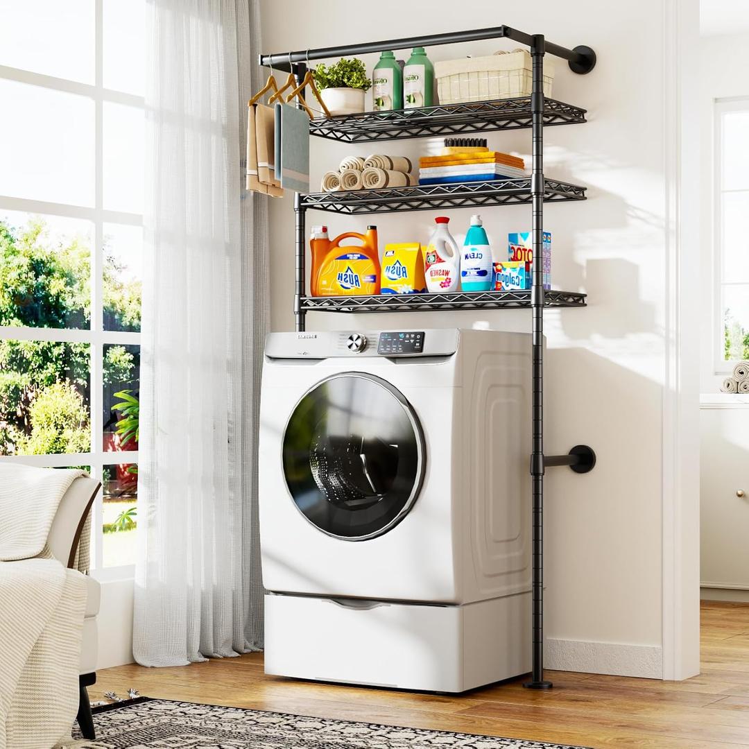 U17 Wall-Mounted Over Washer and Dryer Storage Shelves, Without Moving Washer or Dryer Laundry Room Storage Rack with Hanger Rod, 35" W x 22" D x 86.2" H, Holds 352 lbs, Black