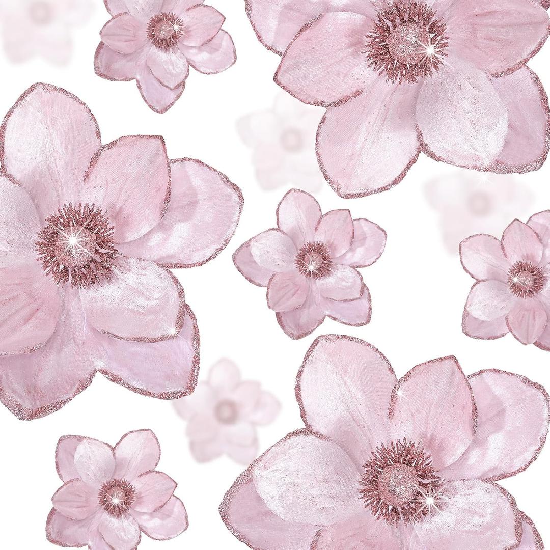 Norme 15 Pcs Velvet Christmas Magnolia Flowers in 3 Size Glitter Artificial Flower Christmas Tree Ornament with Stem for Xmas Tree Wreath Garland Wedding Decor(Pink)