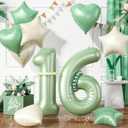 Sage Green Number 16 Balloons, Green 16 Number Balloons, 16th Number Balloons, Olive Green Cream Wihle Foil Star Heart Balloon With Long Balloon For 16th Birthday Party 1st 6th Baby Shower Decor (XXL-Number 16)