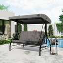 3-Seat Outdoor Porch Swing with Adjustable Canopy, Patio Swing Chair with Stand, 800 Lbs Heavy Duty Steel Frame, Reclines to 180° Swing Bed, Cup Holder Trays, Cushions & Pillows for Garden, Grey