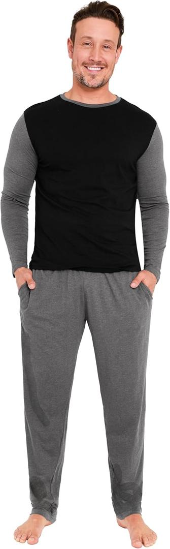 Mens Pajama Set, Soft Long Sleeve Loungewear for Men & Teens (Large, Black/Charcoal)