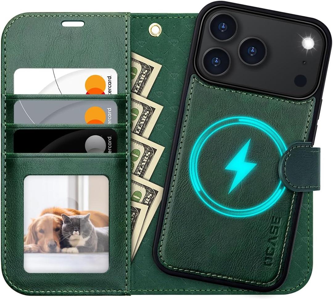 OCASE for iPhone 17 Pro Detachable Wallet Case with Card Holder, 2 in 1 PU Leather Flip Folio with RFID Blocking Stand Wrist Strap Shockproof Phone Cover 6.3 Inch 2025, Blackish Green