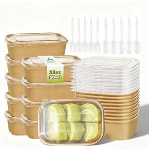 Kaderron 50 Pack 32 OZ Large Paper Bowls with Lidswith Spoons and Forks, Heavy Duty Disposable Meal Prep Containers for Party, Disposable Bowls Bulk Soak-Proof and Microwave Safe for Hot/Cold Use