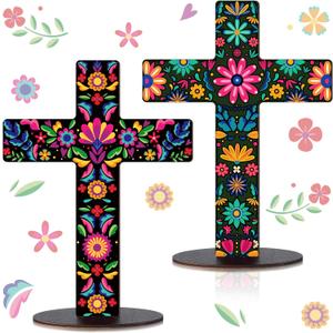 Pinkunn 2 Pcs Mexican Cross Day of The Dead Altar Decor Wooden Table Centerpiece Dia De Los Muertos Cross 8.7 x 11.8 Floral Spanish Crucifix Tabletop Centerpiece for Halloween Mexican Decor