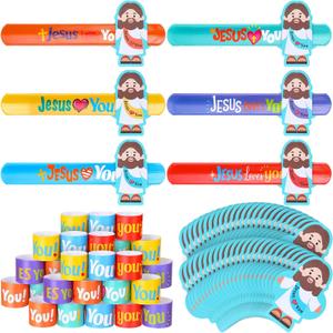 24 Pcs Jesus Slap Bracelets for Kids Bulk Christian Party Favor Jesus Love You Snap Wristband for Classroom, Religious Sunday School Awards, Easter Basket Stuffers, Egg Fillers Gift