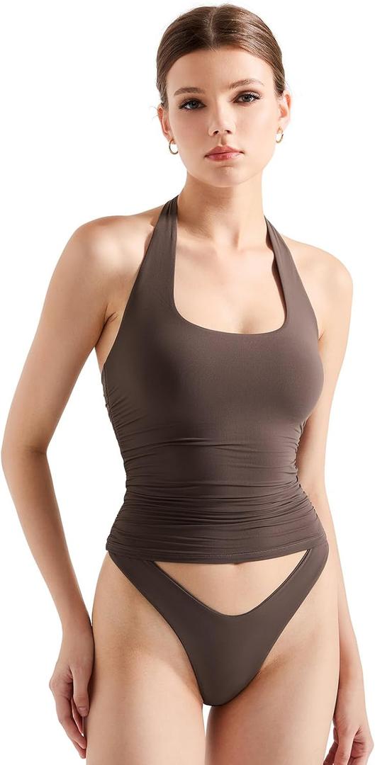 SUUKSESS Women Halter Tank Tops Double Lined Backless Y2K Trendy Going Out Tops (Small, Brown)