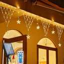 Solar Christmas Net Lights, 13.5ft 196 LED Waterproof Outdoor Christmas Decoration, 12 Stars 8 Modes and Remote Timer Curtain Fairy Lights, Balcony Fence Roof Holiday Decoration (Warm White)
