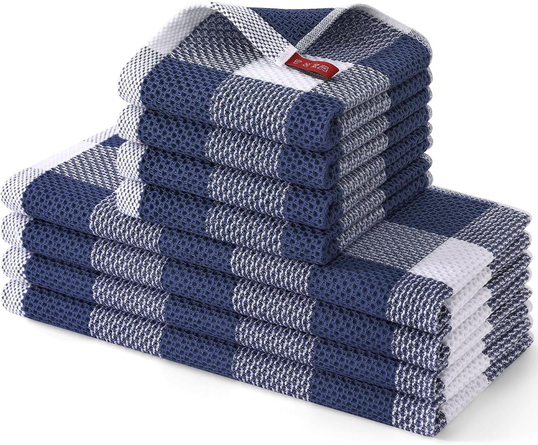 Homaxy Kitchen Towels and Dishcloths Set, 12 x 12 and 13 x 28 Inches, Set of 8 100% Cotton Waffle Weave Check Plaid Kitchen Dish Towels, Super Soft and Absorbent Dish Cloths, White & Navy Blue