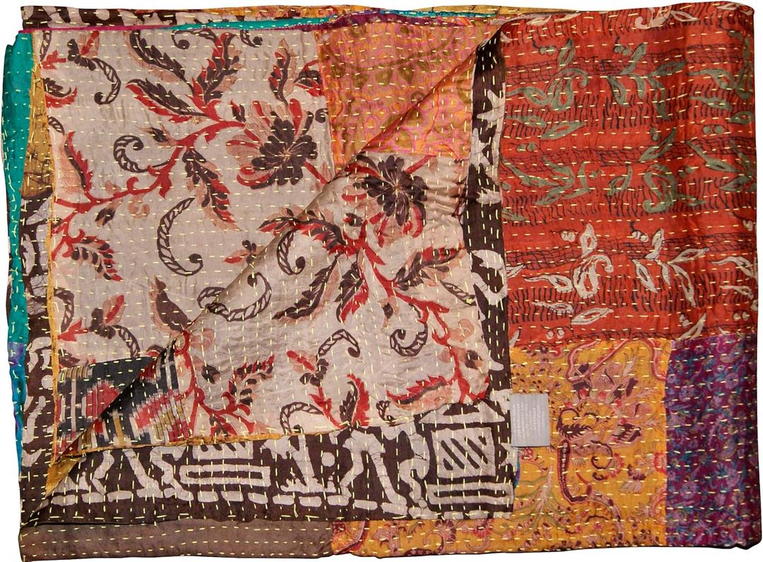 Taj Hotel Kantha Handcrafted 100% Silk Quilted Throw Blanket, Multicolor 07, 50x70 Inch