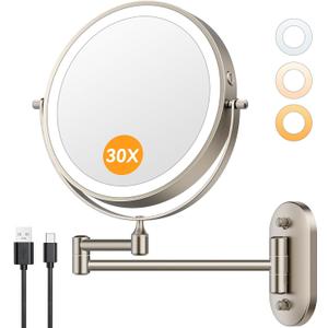 Auxmir 1X/30X Wall Mounted Lighted Makeup Mirror, 8" 3200 mAh Rechargeable Double-Sided Magnifying Mirror, Touch Dimmable 3 Color Lights, 360 Rotating Foldable 14.5" Extension Arm, Brushed Nickel