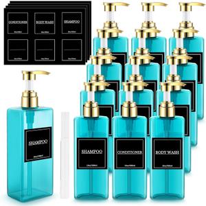 Gejoy 12 Pack Blue Shampoo and Conditioner Dispenser Bottles, 17 Oz/ 500ml Refillable Empty Pump Bottles with Labels and Marker Pen, Plastic Square Pump Dispenser Bottle for Bathroom Body Wash Shower