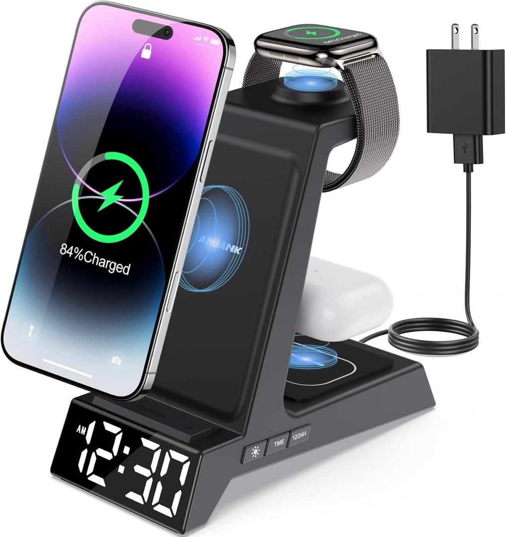 ANJANK 4 in 1 Wireless Charging Station Alarm Clock, Charging Dock for Apple Devices, Charger Stand for iPhone 17 16 15 14 13 12 11 Pro Max for Apple Watch 10/9/8/7/6/5/UItra & AirPods, Dimmable (Black)