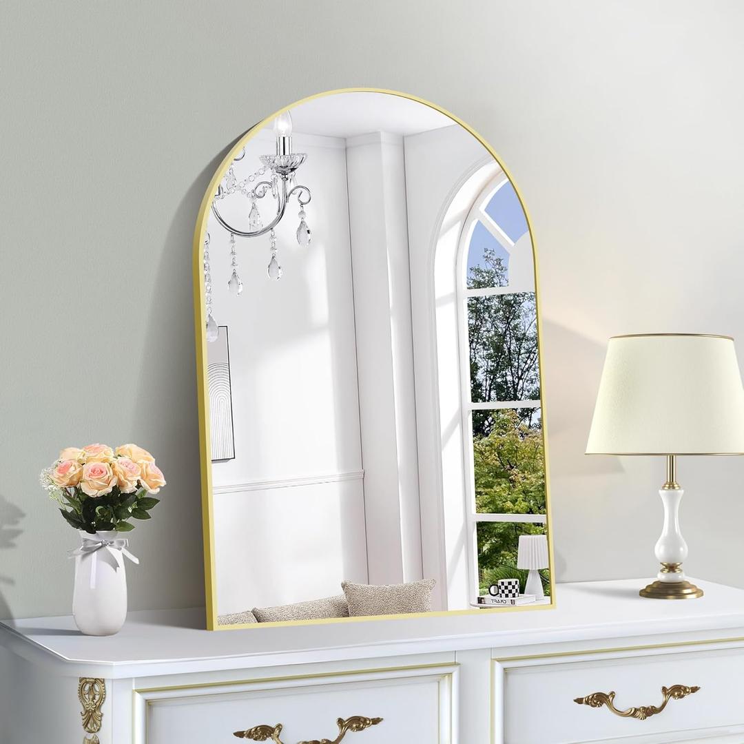 Gold Bathroom Mirror, Arched Bathroom Mirror with Metal Frame, Wall Mounted Mirrors Decor Modern Dresser Mirror for Bedroom Living Room Entryway (20x28inch)
