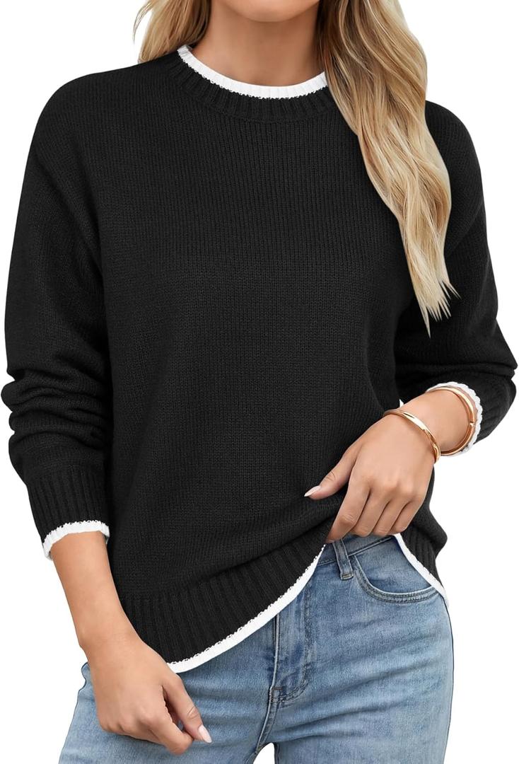 LYANER Women's Color Block Crew Neck Long Sleeve Loose Fit Casual Pullover Sweaters (L)