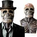 FLOWERTEEN Skeleton Halloween Scary Latex Mask with Moving Jaw Realistic Full Head Skull Mask Party Cosplay (Without Hat)