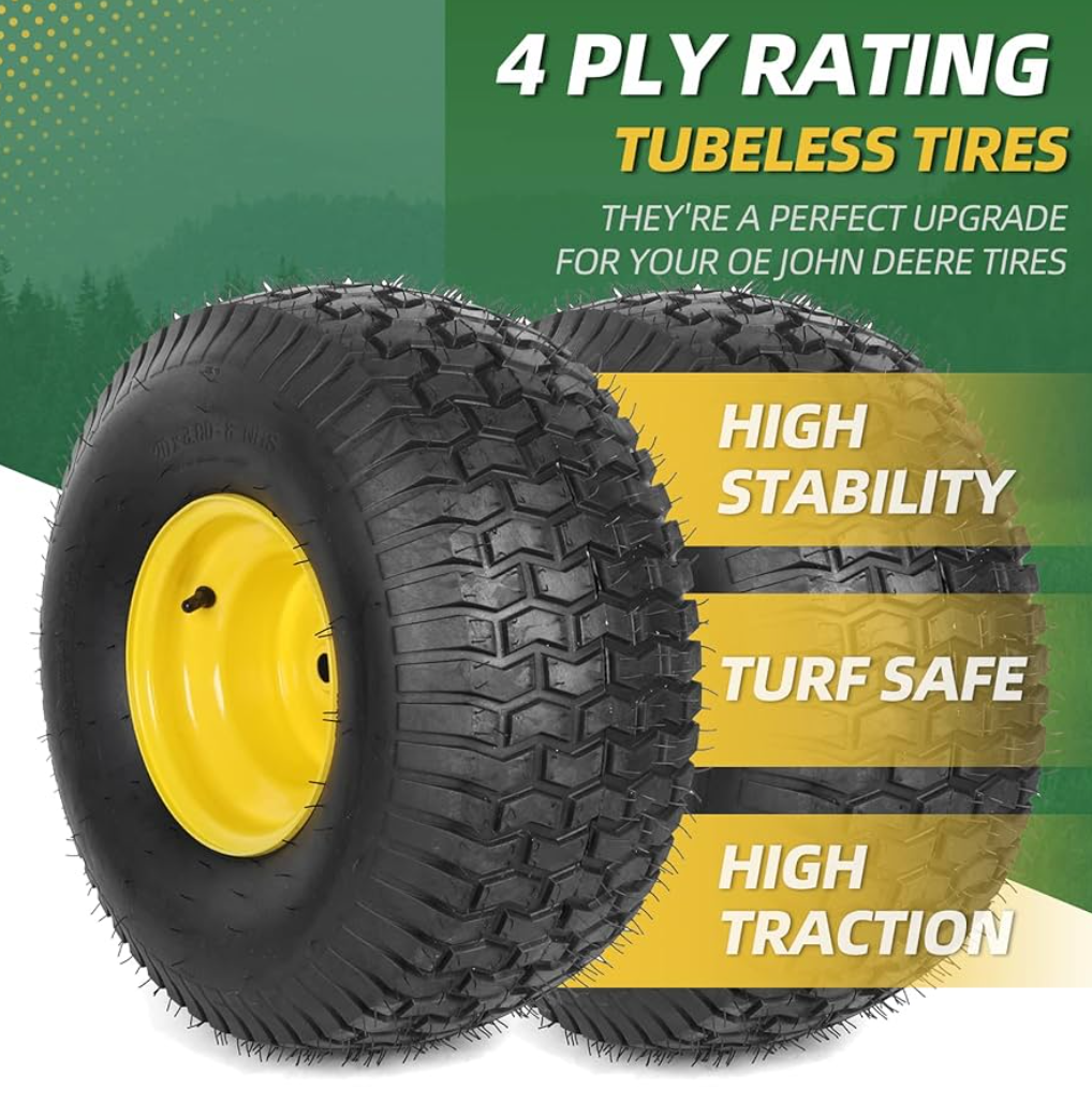 20x8.00-8 Rear Tire and Wheel Assemblies - 4 Ply Tubeless Tire Compatible Replacement for Riding Lawn Mowers - 3/4" Borehole, 3.5" Offset Hub and 3/16" Keyway
