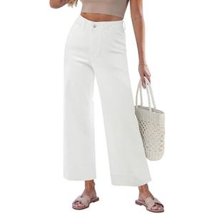 GRAPENT Wide Leg Jeans for Women Cropped Trendy High Waisted Welt Pocket Stretchy Denim Pants Distressed Trouser Jeans L