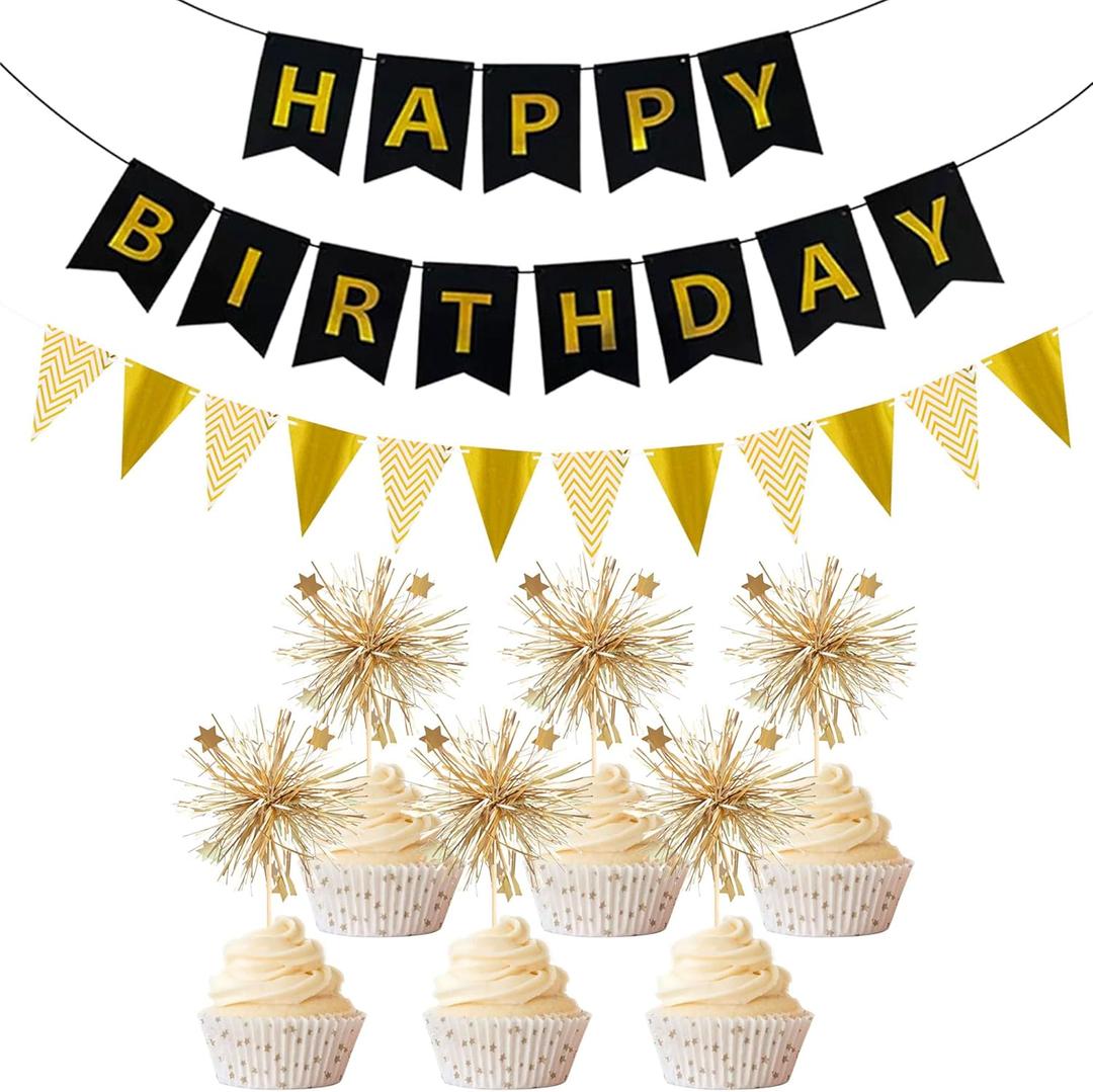 Black Gold Happy Birthday Banner - 20PCS Gold Fireworks Shape Cupcake Decoration Sparkling Party Decoration for Children or Adults Birthday Party Or Celebration