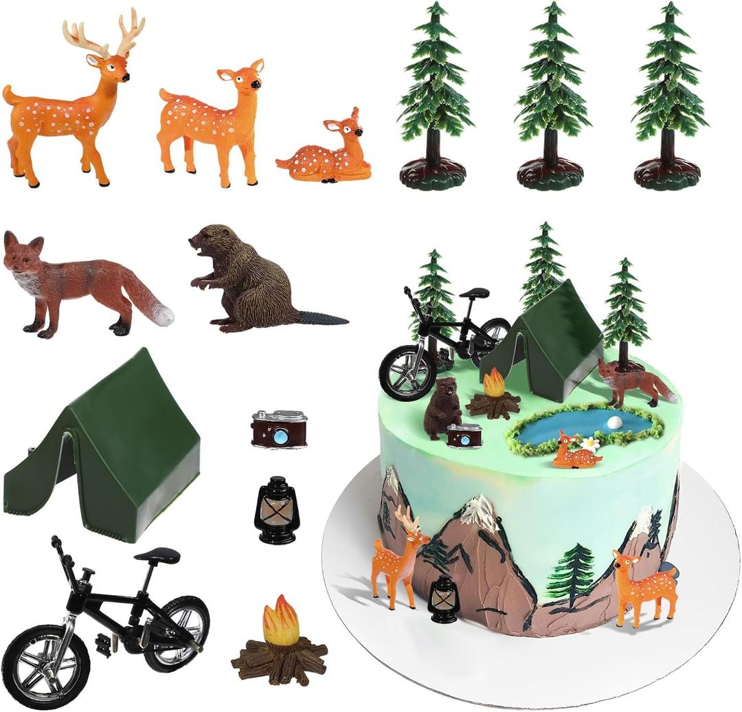 RAYNAG 13 Pieces Camping Cake Topper Camping Birthday Decorations Camping Cake Decorations Set Camping Themed Party Decorations for Forest Woodland Camping Theme Kids Happy Birthday Cake Decorations