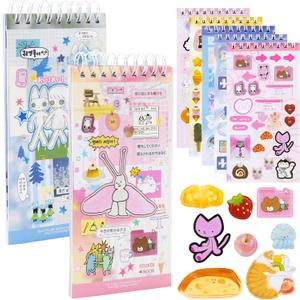 QEF 40 Sheets Kawaii Sticker Book, Japanese Stickers Aesthetic for Scrapbooking, Junk Journal Supplies, Korean Diary Decor, Vision Board, Cute Planner Accessories for Adults (Blue and Pink)