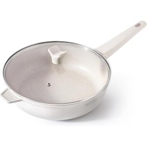 THE ROCK SOHO 4 Qt Nonstick Deep Frying Pan Skillet with Glass Lid, 11 Inch Large Deep Frying Pan, Ceramic Non Toxic Skillet with Heat-Resistant Handle, PFOA & PFAS Free, Oven & Dishwasher Safe, Cream