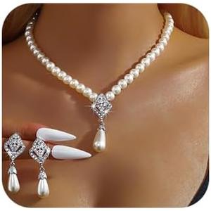 JWICOS Pearl Bridal Necklace Earrings Set Sliver Rhinestone Necklaces Crystal Bride Choker Necklace Accessories for Women and Wedding