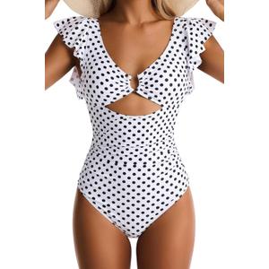 Women's One Piece Swimsuits Tummy Control Ruffle Bathing Suit Cutout Slimming Swim Suit V Neck Ring Linked Swimwear (Large, Polka Dot)