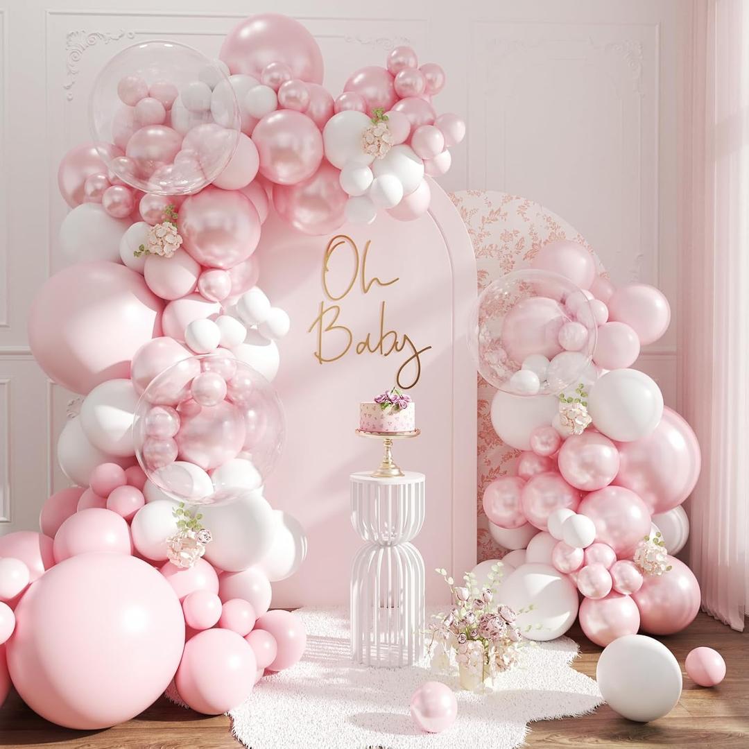 Pink Balloon Arch Kit, 108Pcs Double Stuffed Balloon Arch Garland Kit Include Pearl Pink Macaron Pink White Balloons Clear Balloons for Birthday Wedding Baby Shower Bridal Party Decorations