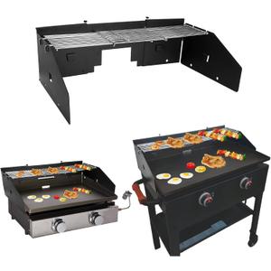 Adjustable Wind Screen and Griddle Warming Rack Set for 22' to 28' Griddle with Rear Grease, Black, Metal