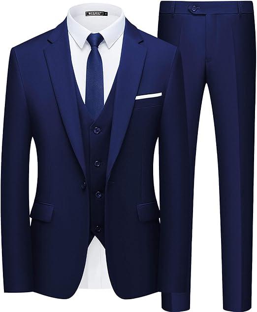 WULFUL Men’s Slim Fit Suit One Button 3-Piece Blazer Dress Business Wedding Party Jacket Vest & Pant, L