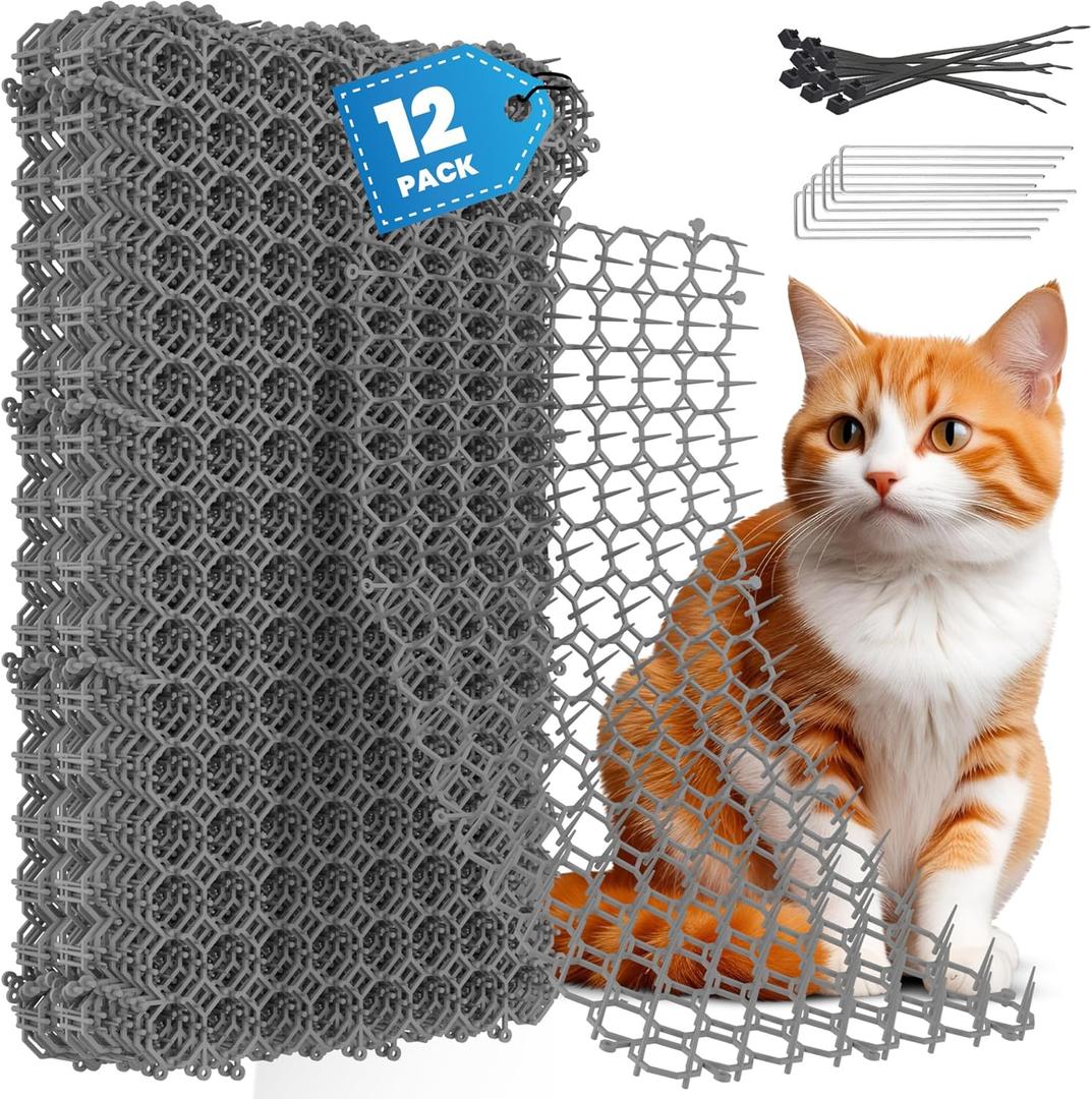 Petfolio 12 Pack Scat Mat for Cats - 16 x 8 Inch Cat Deterrent Mat with Spikes with 1 Inch Spikes, 6 Garden Staples & 10 Zip Ties. Pet Training Mat for Cat Repellent Indoor & Outdoor