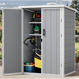 DWVO 4.2x2.6x5.6ft Outdoor Vertical Storage Shed with 2 Shelves, 60 Cu Ft Waterproof Resin Garden Shed with Floor & Lockable Door, Plastic Tall Tool Cabinet for Garbage Can, Lawn Garden Supplies, Gray