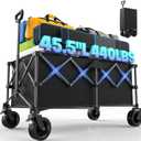 45.5" L Kitsure Collapsible Wagon - Heavy Duty Foldable Wagon with 440lbs Capacity, Adjustable Handle, Shopping Cart with Wheels for Camping, Groceries, Black, 45.5" x 24.0" x 38.0"