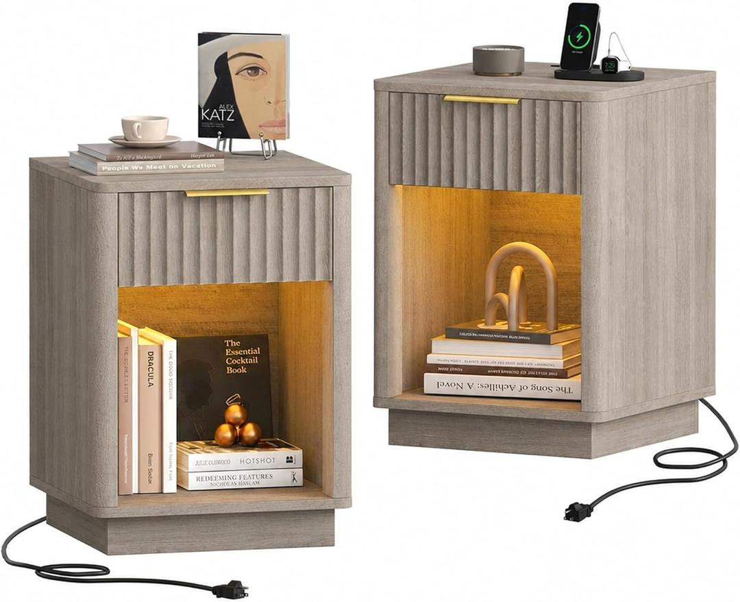 Akxomel Fluted Nightstand Set 2 Bedside Table with Charging Station Greige, 15" D x 15.7" W x 22.6" H