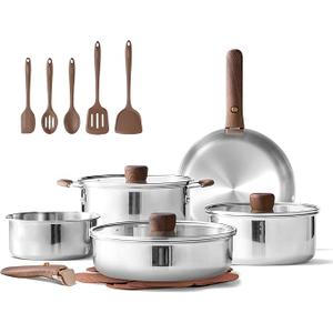 CAROTE 19pcs Stainless Steel Cookware Set with Detachable Handle, Pots and Pans Set, Induction Kitchen Cooking Sets, RV/Camping Cookware, Removable Handle, Oven Safe, Woodgrain