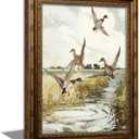 Vintage Gold Framed Flying Duck Canvas Wall Art Country Mallard Duck Wildlif Painting Picture Wall Decor Retro Rustic Landscape Poster Print Artwork for Living Room Bedroom Office Home Decoration, 24"L x 16"W