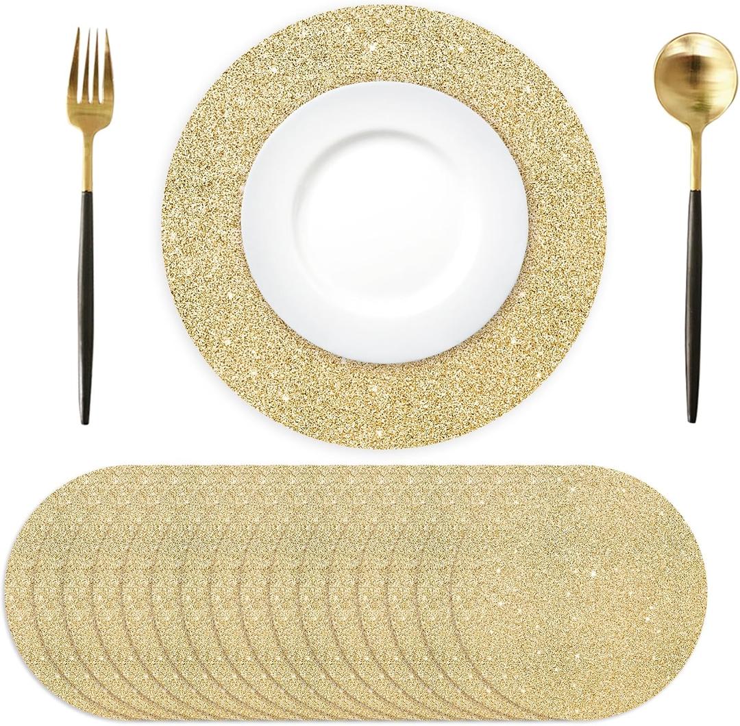 50PCS Light Gold Paper Placemats Disposable 13.4 Inch Shiny Golden Place Mats Round Decorative Glitter Table Mats for Birthday Wedding Holiday Party Decor Sparkle Dining Tableware (Yellow 50)