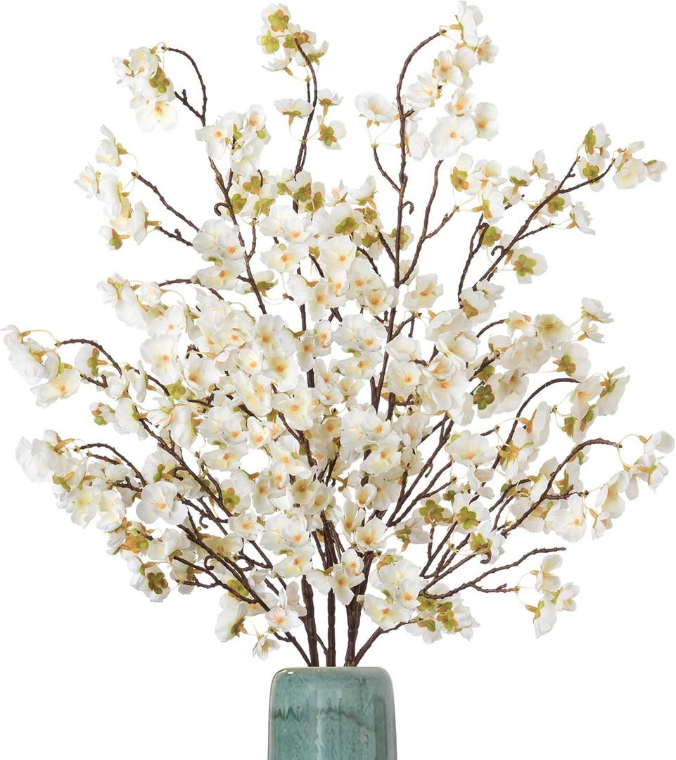 4 Pcs Artificial Cherry Blossom Flower Branches, Bulk Silk Faux Flowers Real Touch Bouquet for Home Wedding Party Centerpieces Spring Summer Decor, Vase Not Included (White)