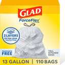 Glad ForceFlex Tall Kitchen Drawstring Trash Bags, 13 Gal, Fragrance Free, 110 Ct (Package May Vary)