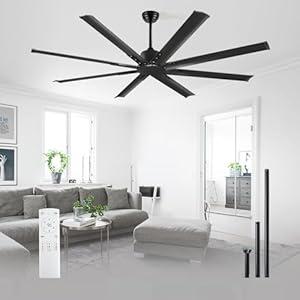 Minislak 72 Inch Ceiling Fan No Light with Remote, 8 Aluminum Blades, Industrial DC Motor Quiet Operation, 6 Speeds, Large Indoor Outdoor Ceiling Fan for Garage, Patio, Living Room (Black)