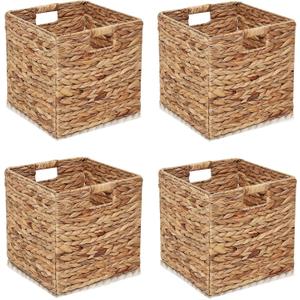 11x11in Storage Baskets Set of 4 Water Hyacinth Baskets,Foldable Handwoven Storage Cubes,Woven Baskets for Bathroom, Bedroom, Laundry, Pantry, Shelves