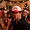 Qoyupuza Two-Tone Merry Christmas Embroidery Dad Hat - Eco-Friendly Degradable Snapback, Unisex Xmas Holiday Cap (Red/Beige)