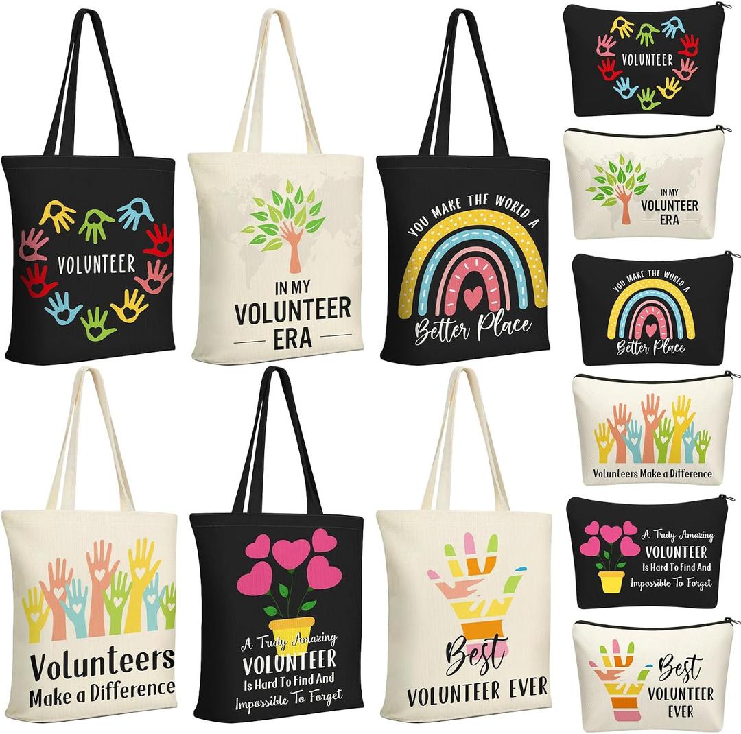 Yaomiao 12 Pcs Volunteer Appreciation Gifts Bulk for Women Volunteer Tote and Cosmetic Bags Set Funny Canvas Reusable Grocery Bag with Zipper Makeup Bag for Holiday Thank You Gifts, Church, Group