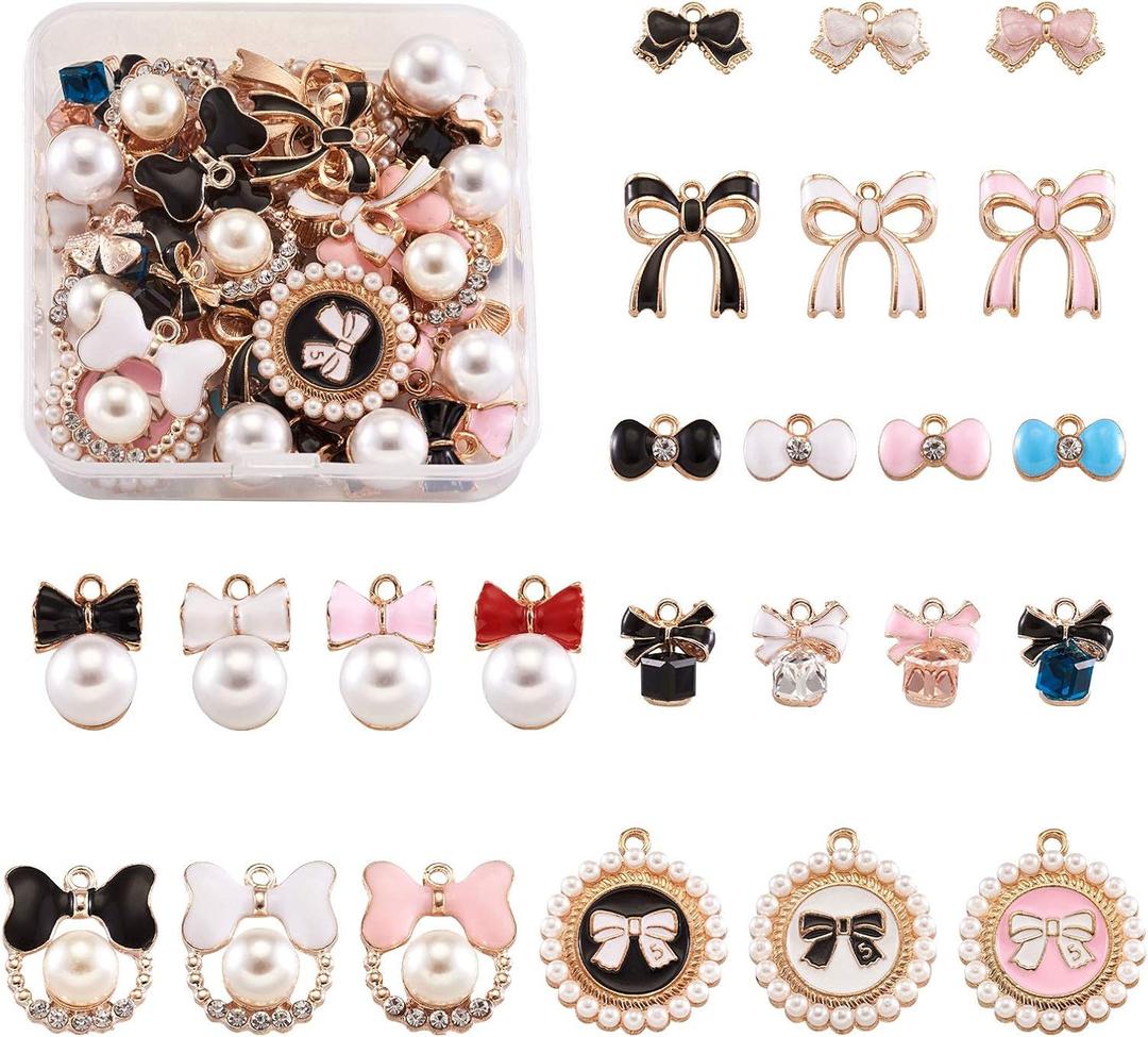 Beadthoven 48pcs 7 Styles Cute Alloy Enamel Bow Charm Pendants Light Gold Plated Pearl Bowknot Theme Mini Pendants for DIY Earring Bracelet Necklace Jewelry Making Keychain Accessories
